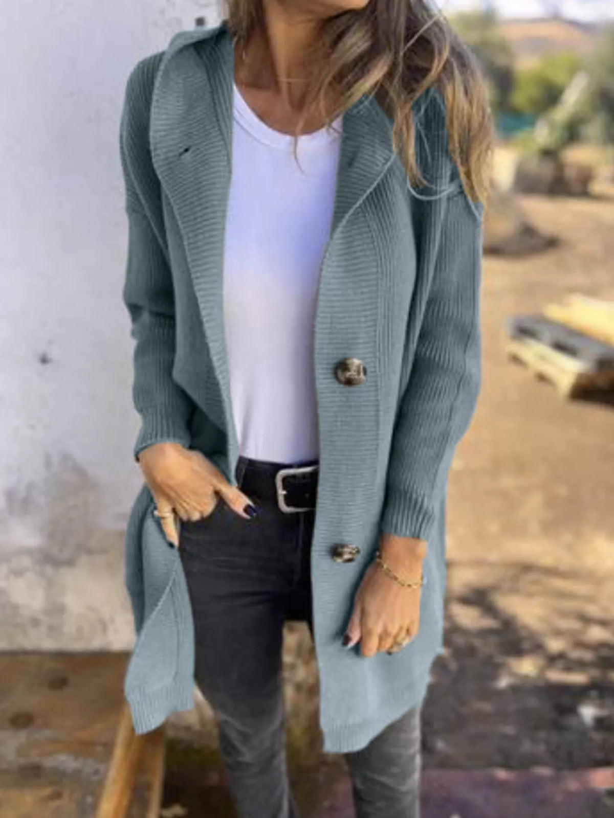 Women's Button-Down Hooded Cardigan in Dark Green, front view