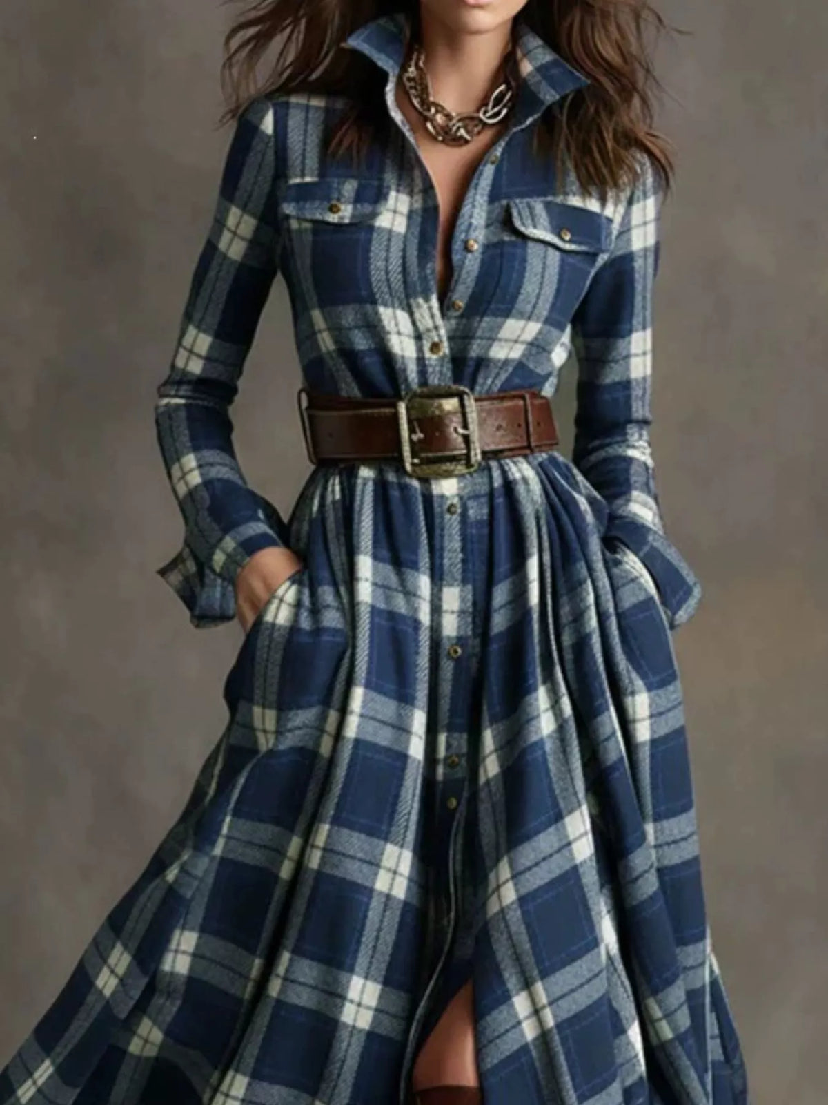 Vintage Plaid Button-Down Maxi Shirt Dress in blue and white
