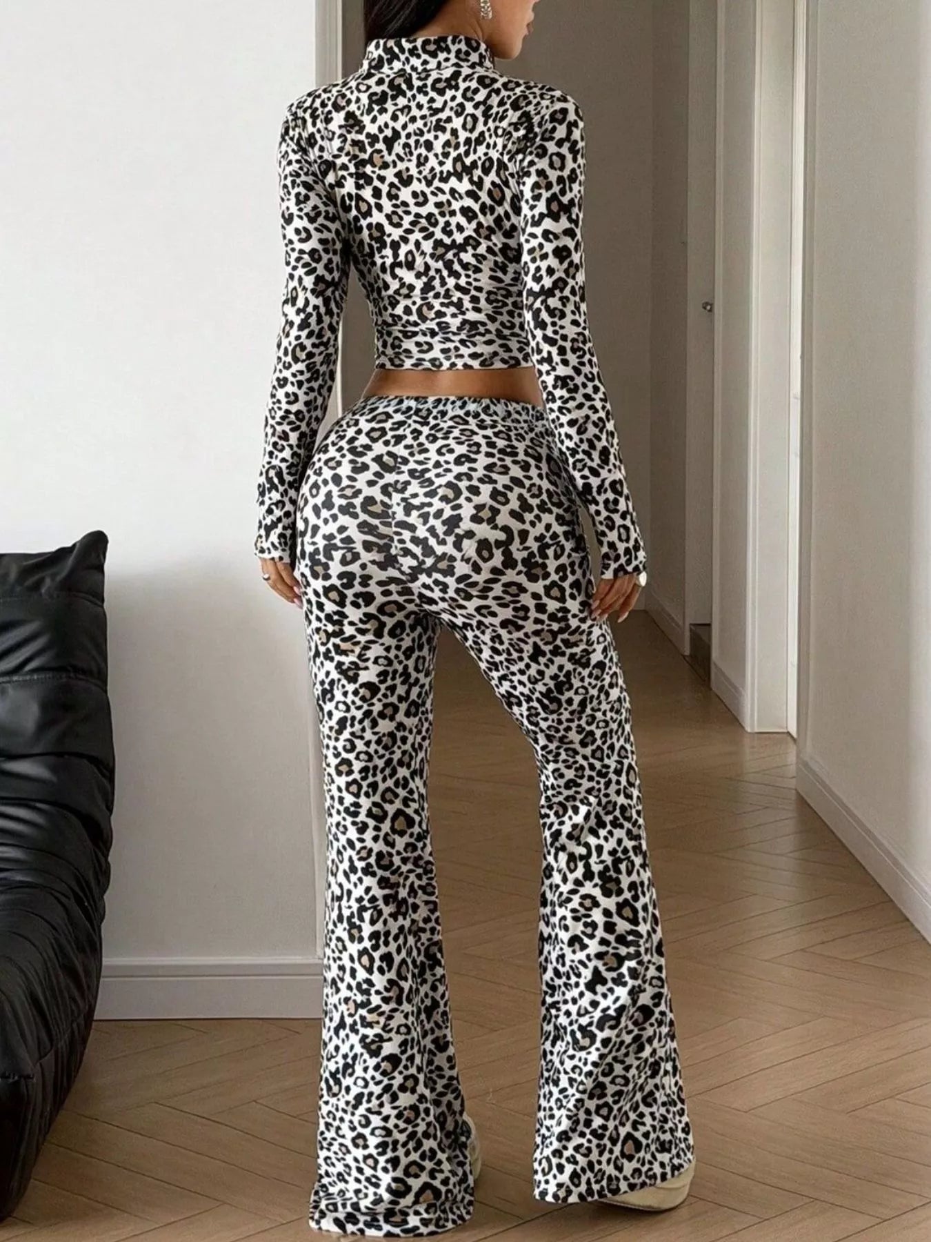Trendsi Leopard Print Zip-Up Crop Top and Flared Pants Two-Piece Set -