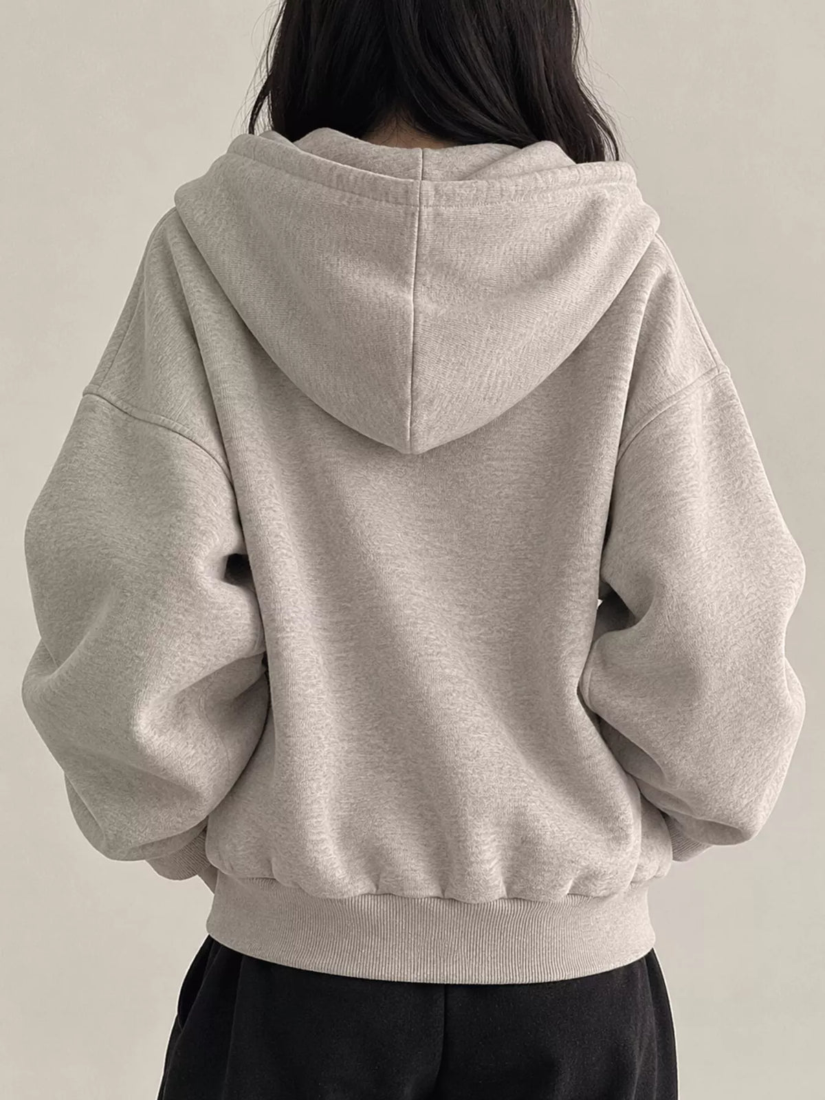 Light Gray oversized zip-up cropped hoodie, back view