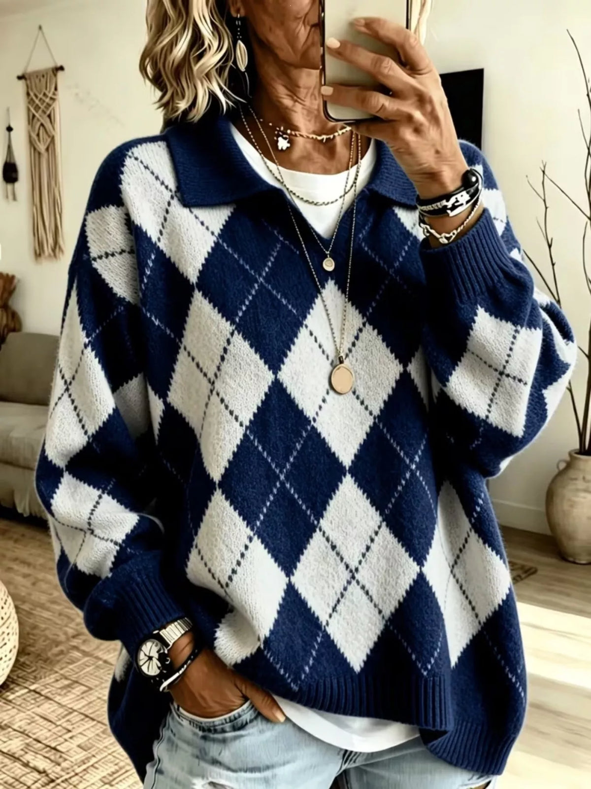 Women's Argyle Pattern Polo Collar Sweater in navy and white — front view