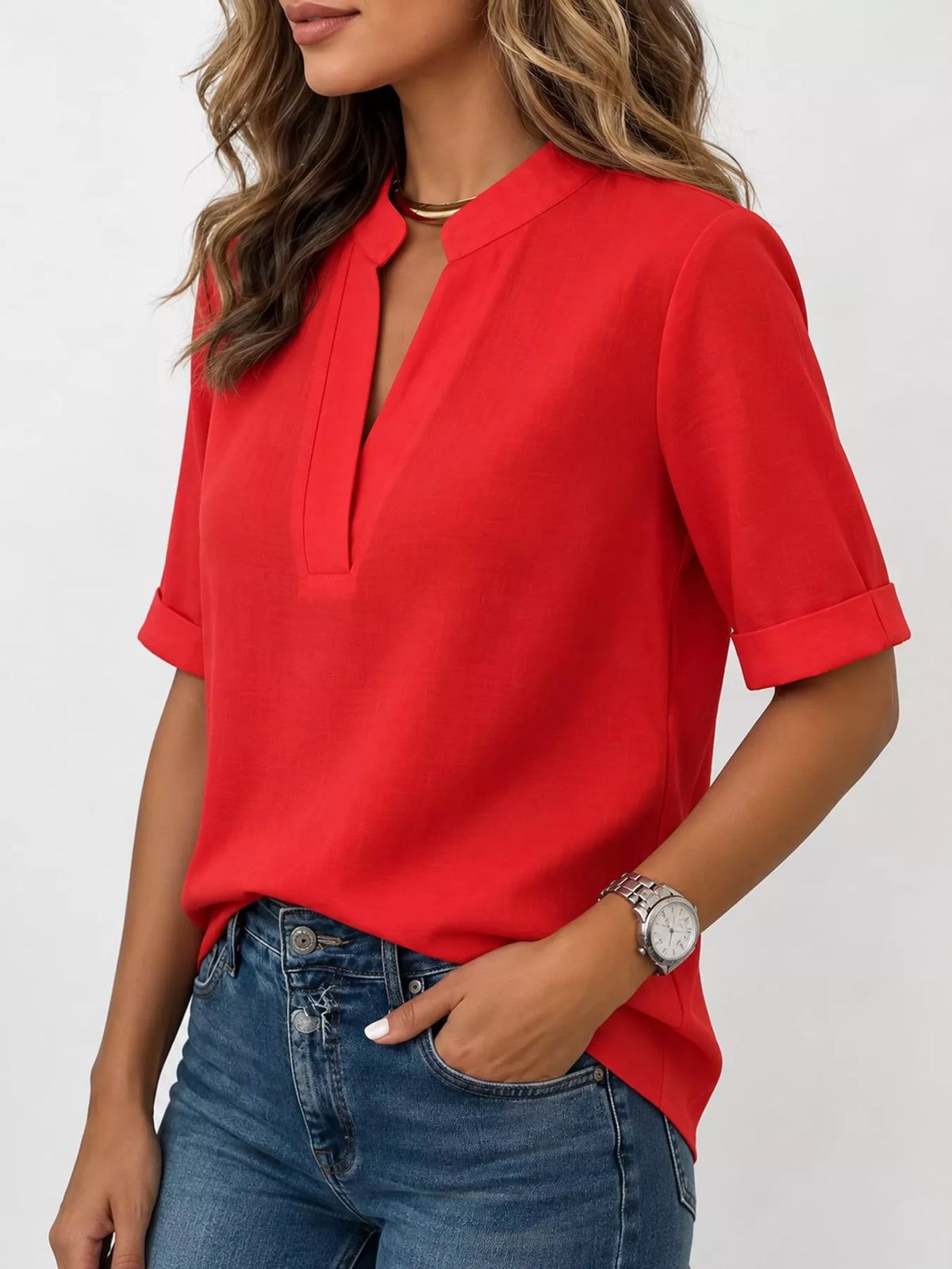 Notched-neck blouse, red side
