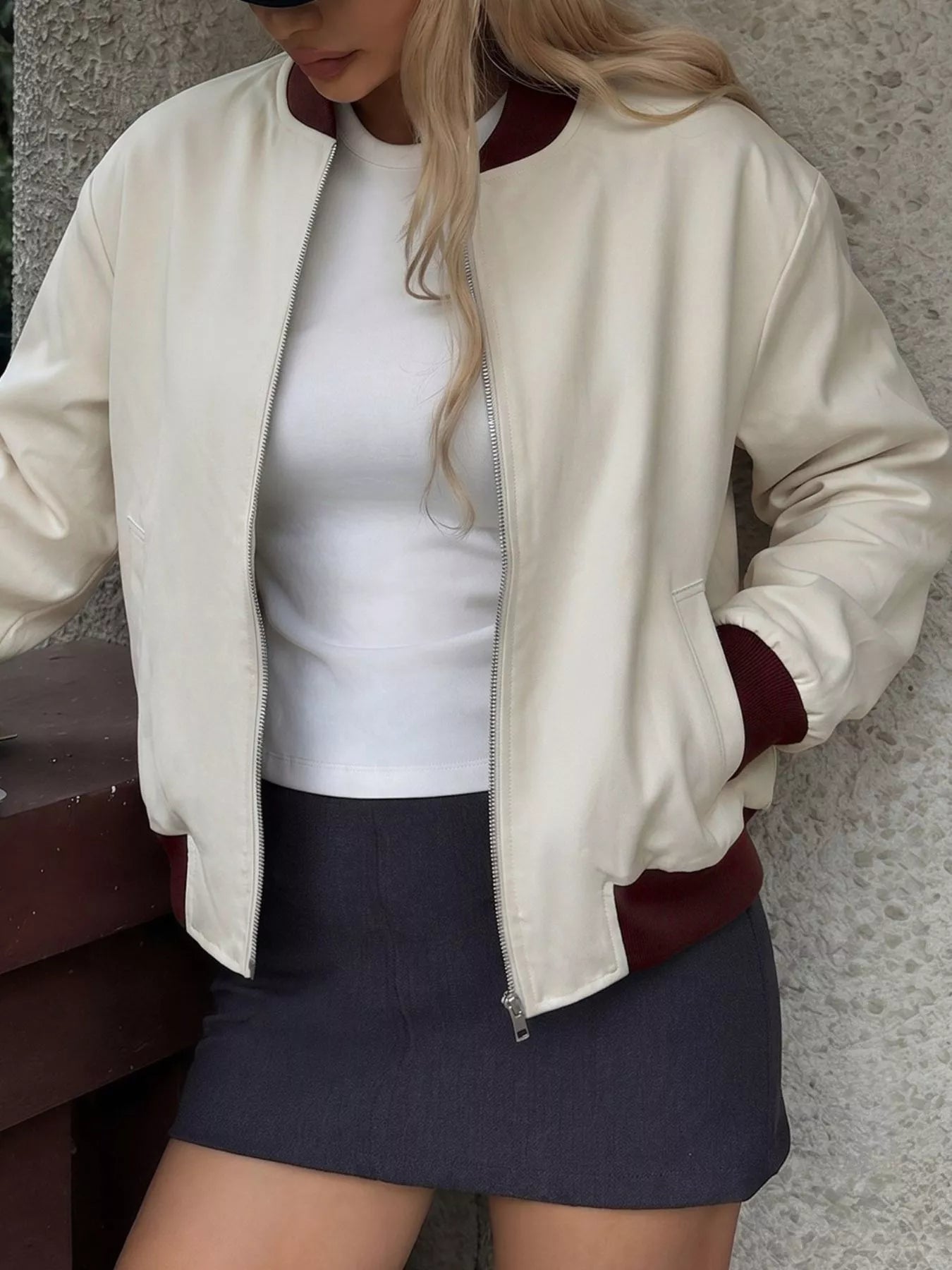 Trendsi Contrast Trim Zip Up Jacket -