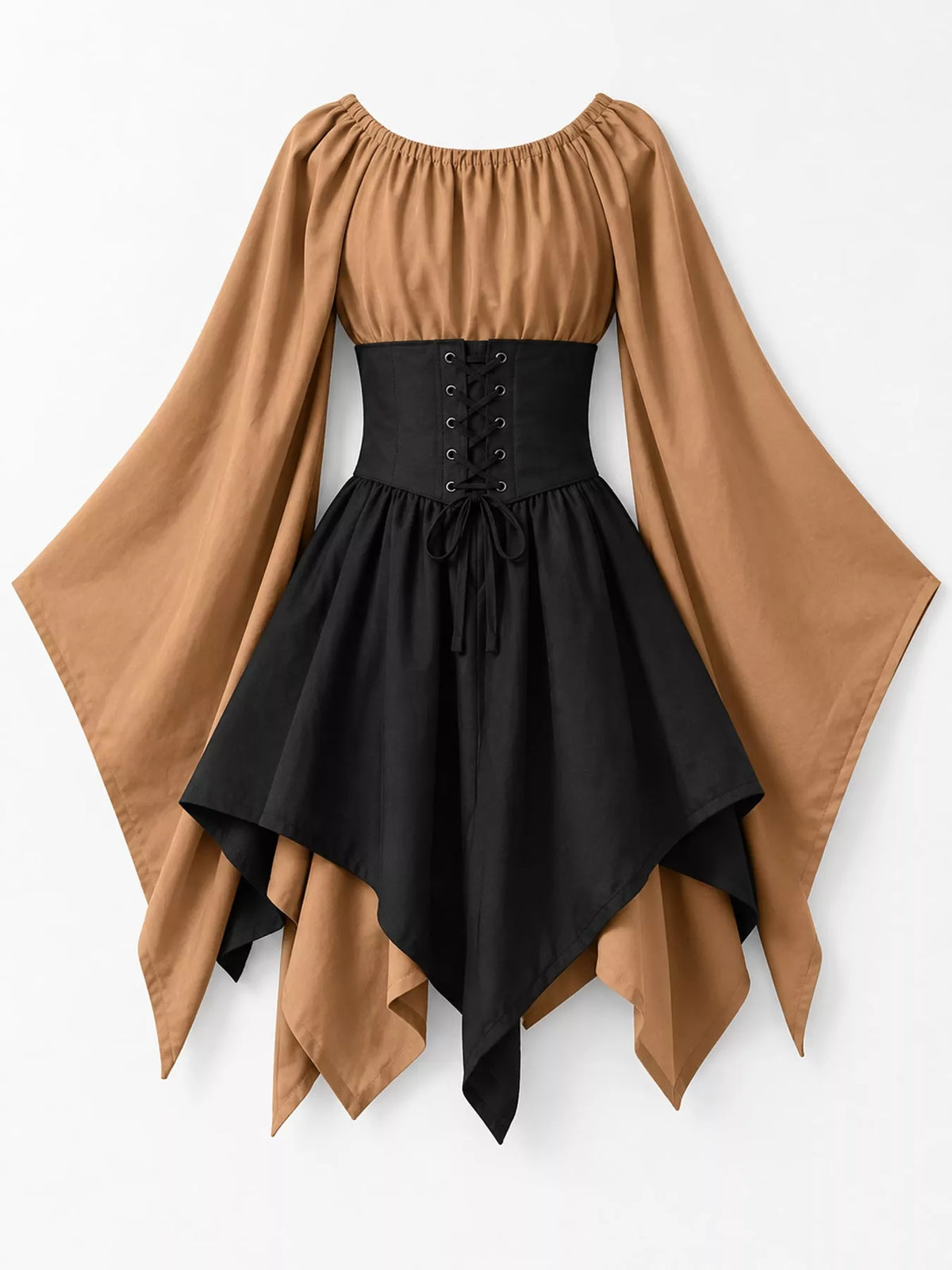 Lace-up asymmetric dress, tan black back