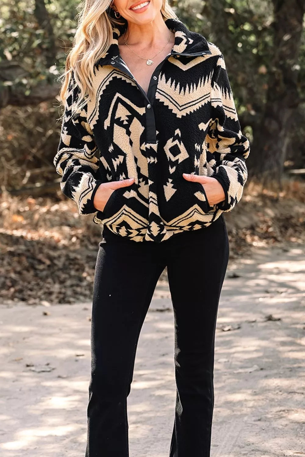 Trendsi Aztec Print Fleece Snap Down Sweatshirt - Shirts
