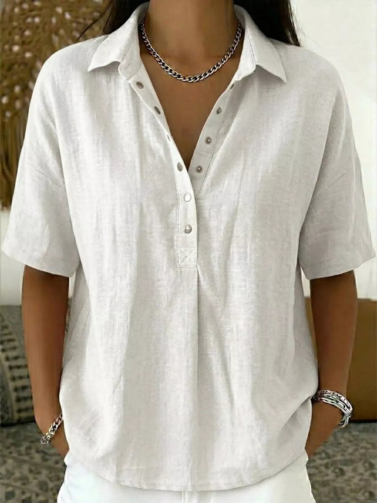 Snap Down Shirt in white, front view