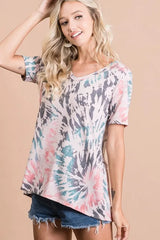 Trendsi BiBi Tie Dye Print Terry Deep U Neck Top -