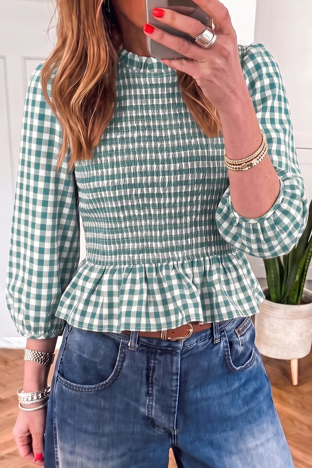 Trendsi 3/4 Sleeve Shirred Plaid Peplum Top -