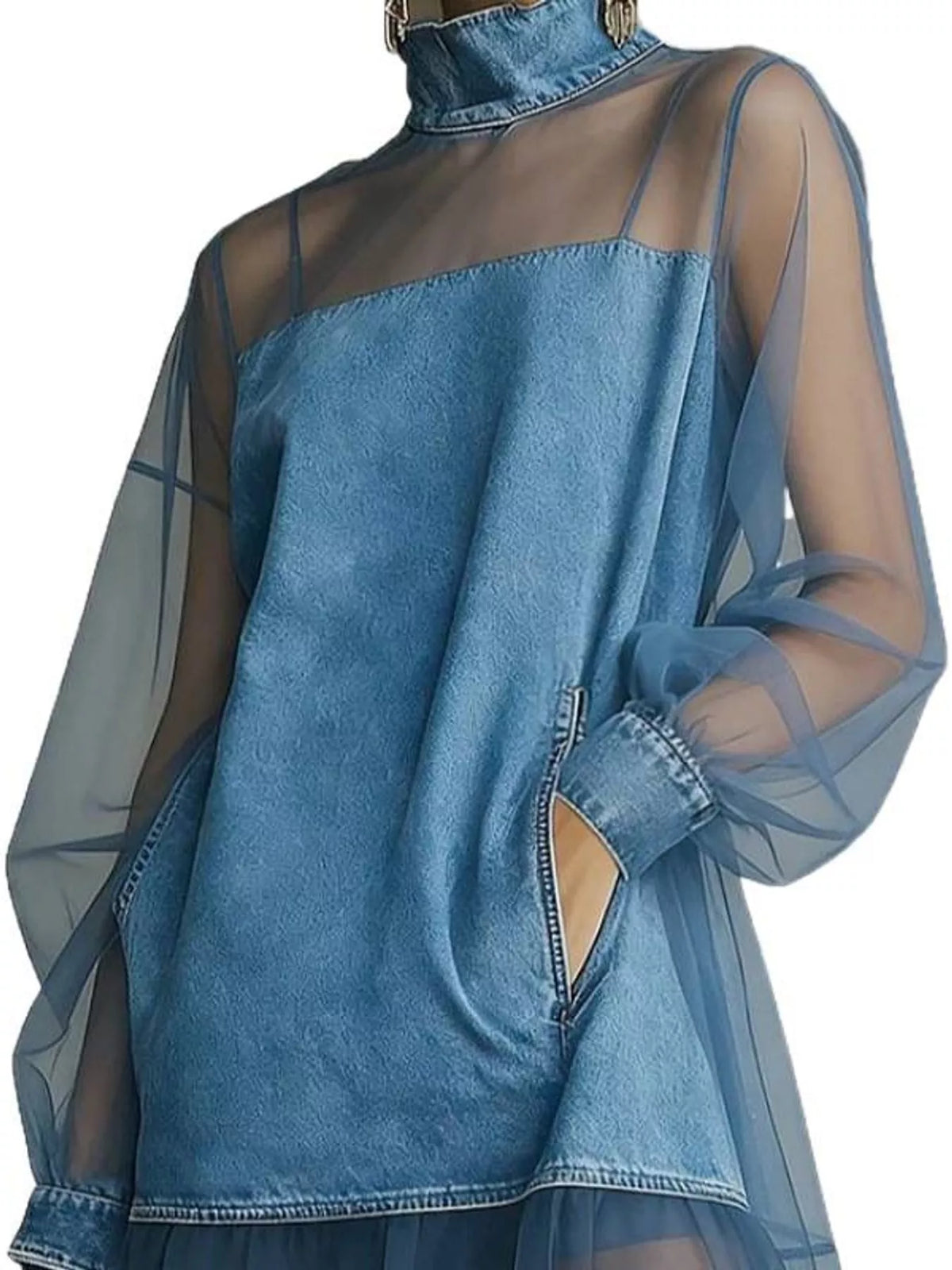 Women's Mock Neck Sheer Mesh Patchwork Denim Dress in blue — bodice detail view
