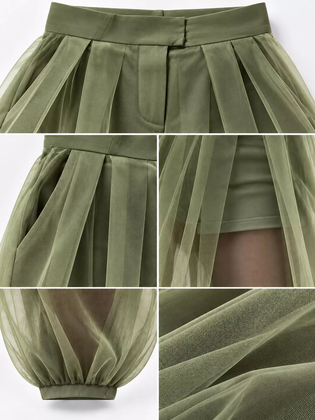 High-Waisted Sheer Tulle Balloon Pants — garment construction details