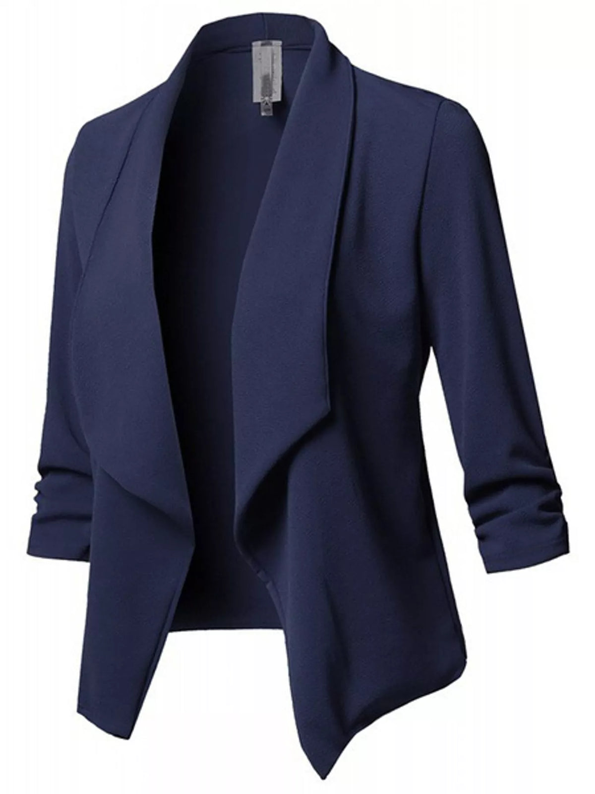 Navy open-front blazer with ruched 3/4 sleeves