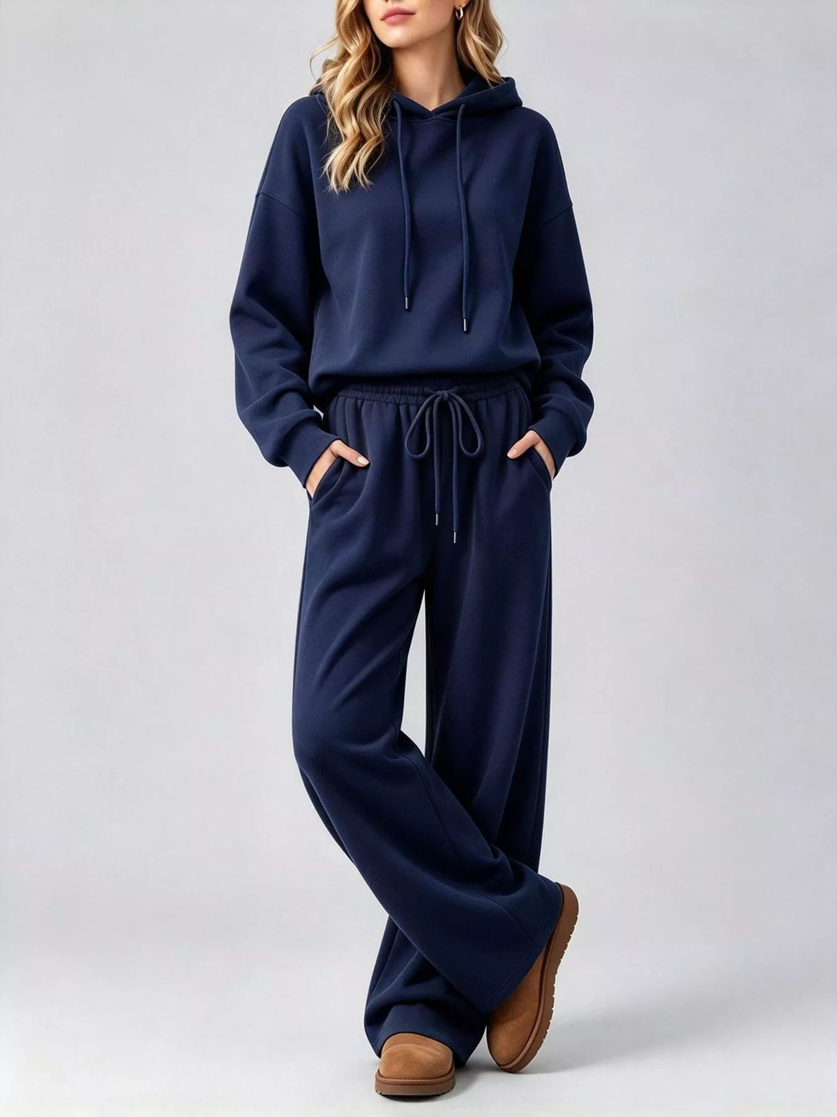Navy dropped shoulder hoodie and wide-leg pants set