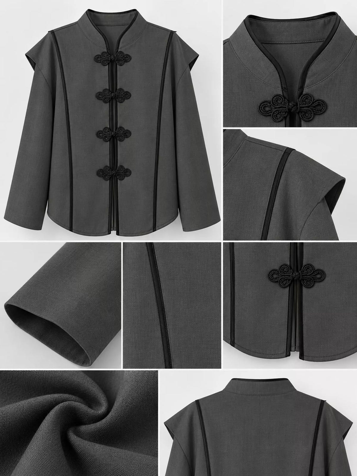 Gray chinese-style mandarin collar blouse, frog closures, sleeve, and fabric texture