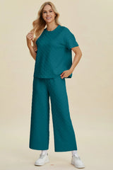 Trendsi Double Take Full Size Texture Round Neck Short Sleeve Top and Pants Set -