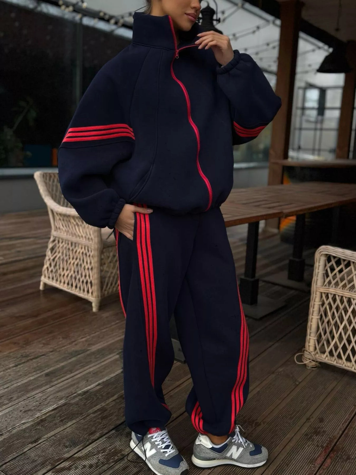 Trendsi Contrast Striped Zip Up Top and Pants Set -