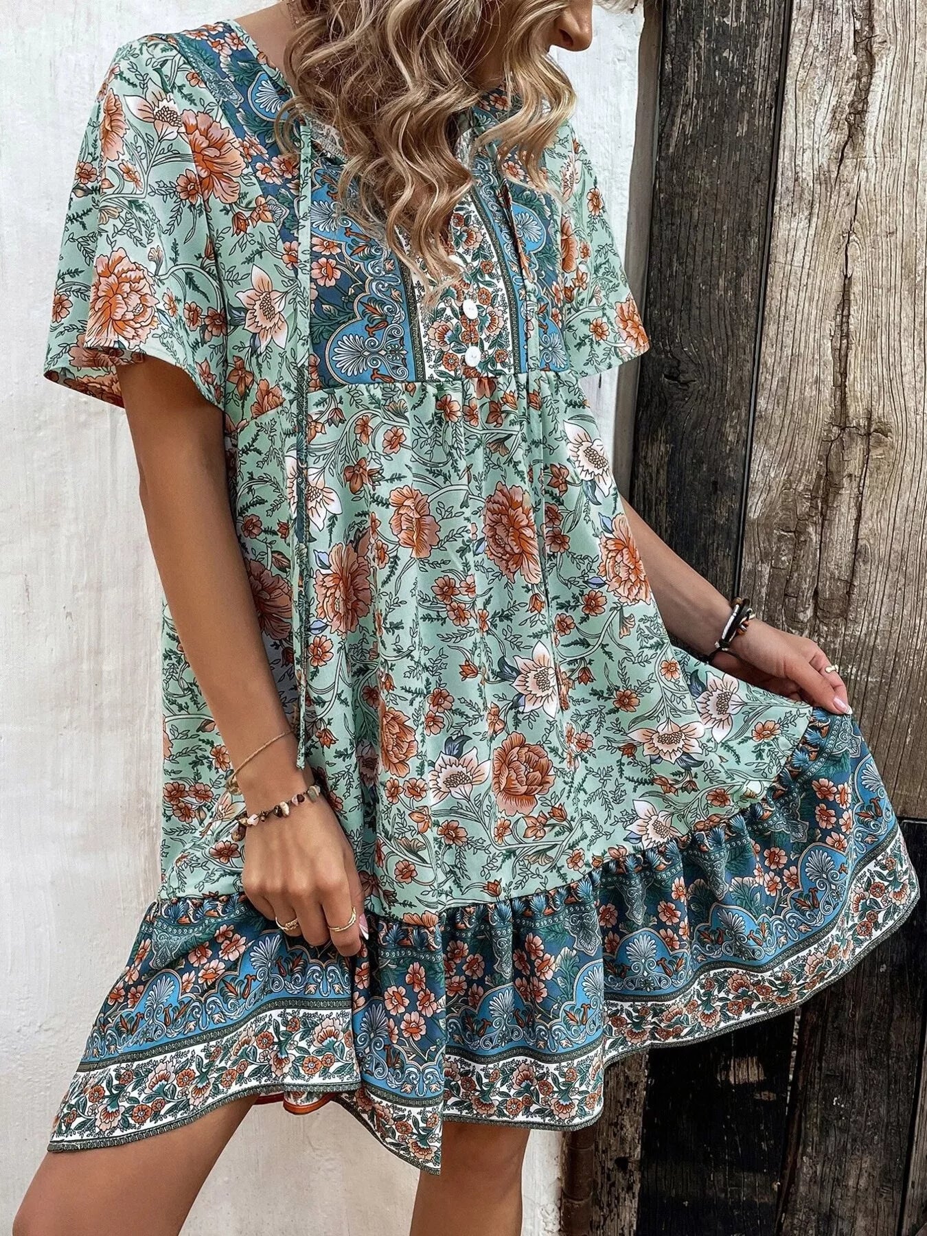 Trendsi Floral Print Tie-Neck Ruffle Hem Mini Dress -