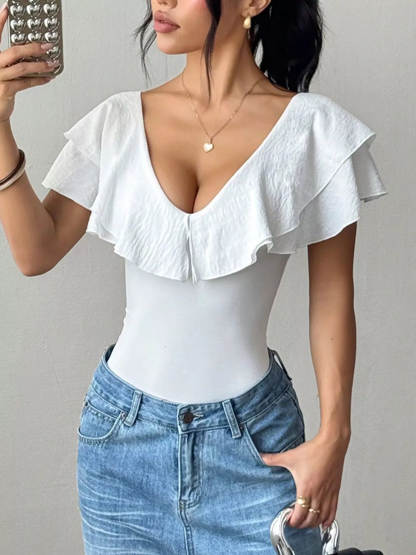 Trendsi Ruffle Trim V-Neck Bodysuit -