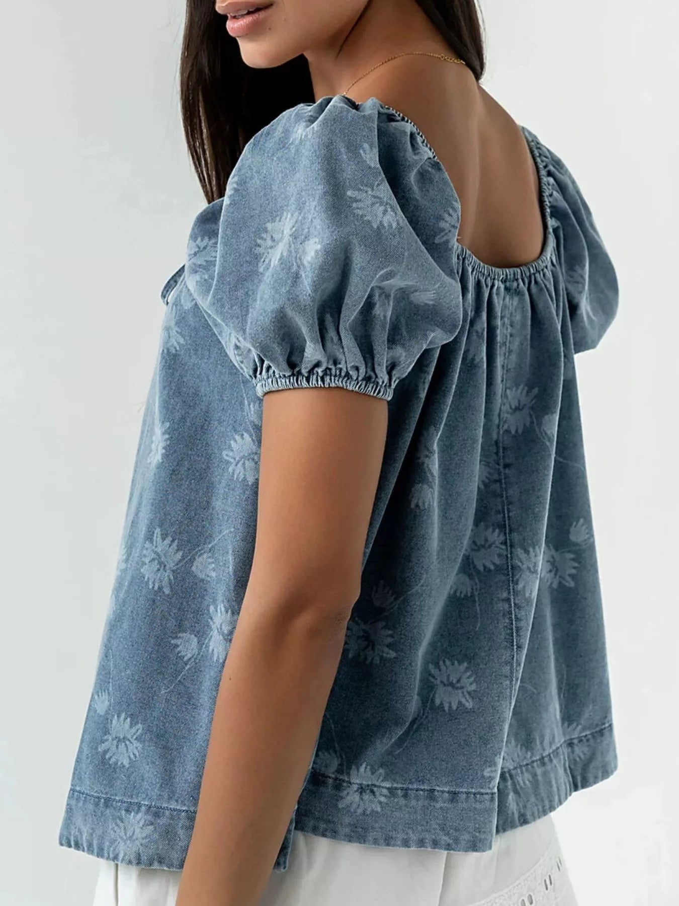 Trendsi Floral Print Puff Sleeve Denim Top -
