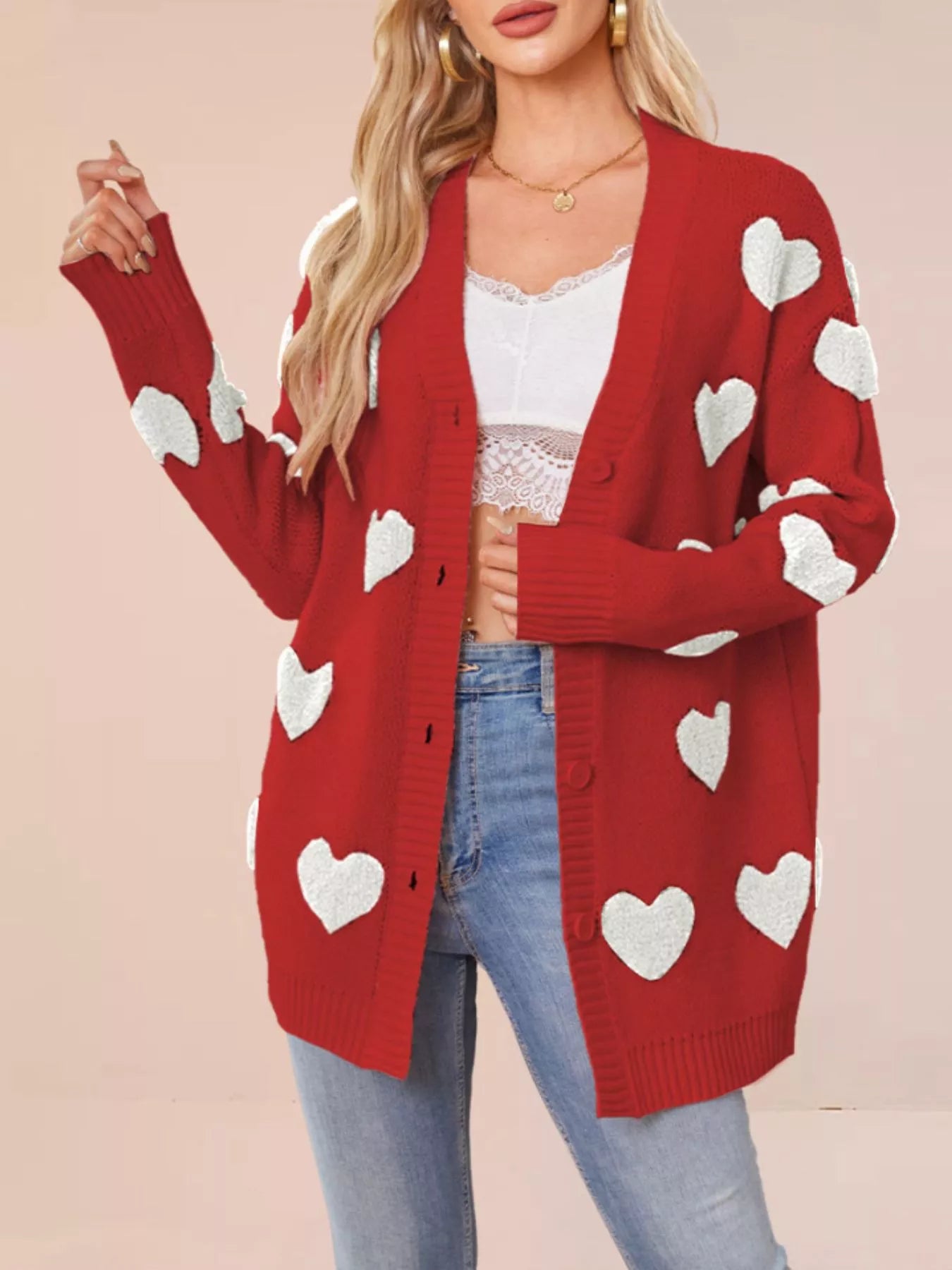 Trendsi Heart Pattern V-Neck Button-Down Knit Cardigan -