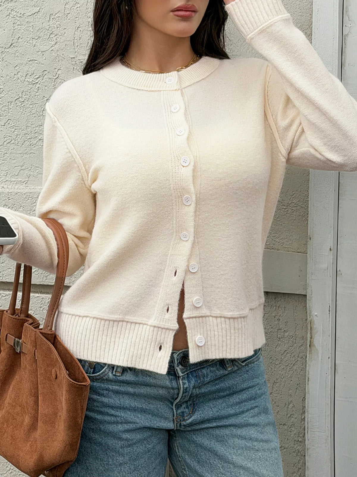 Beige button-down knit cardigan