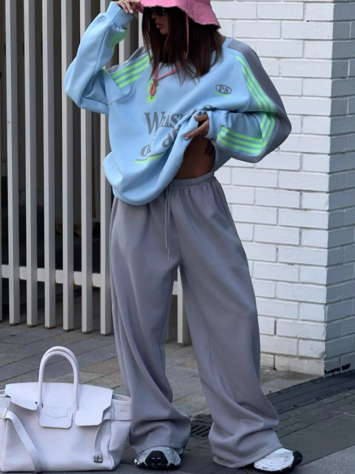 Blue top and gray pants color-block sweatshirt and wide-leg pants set — front view