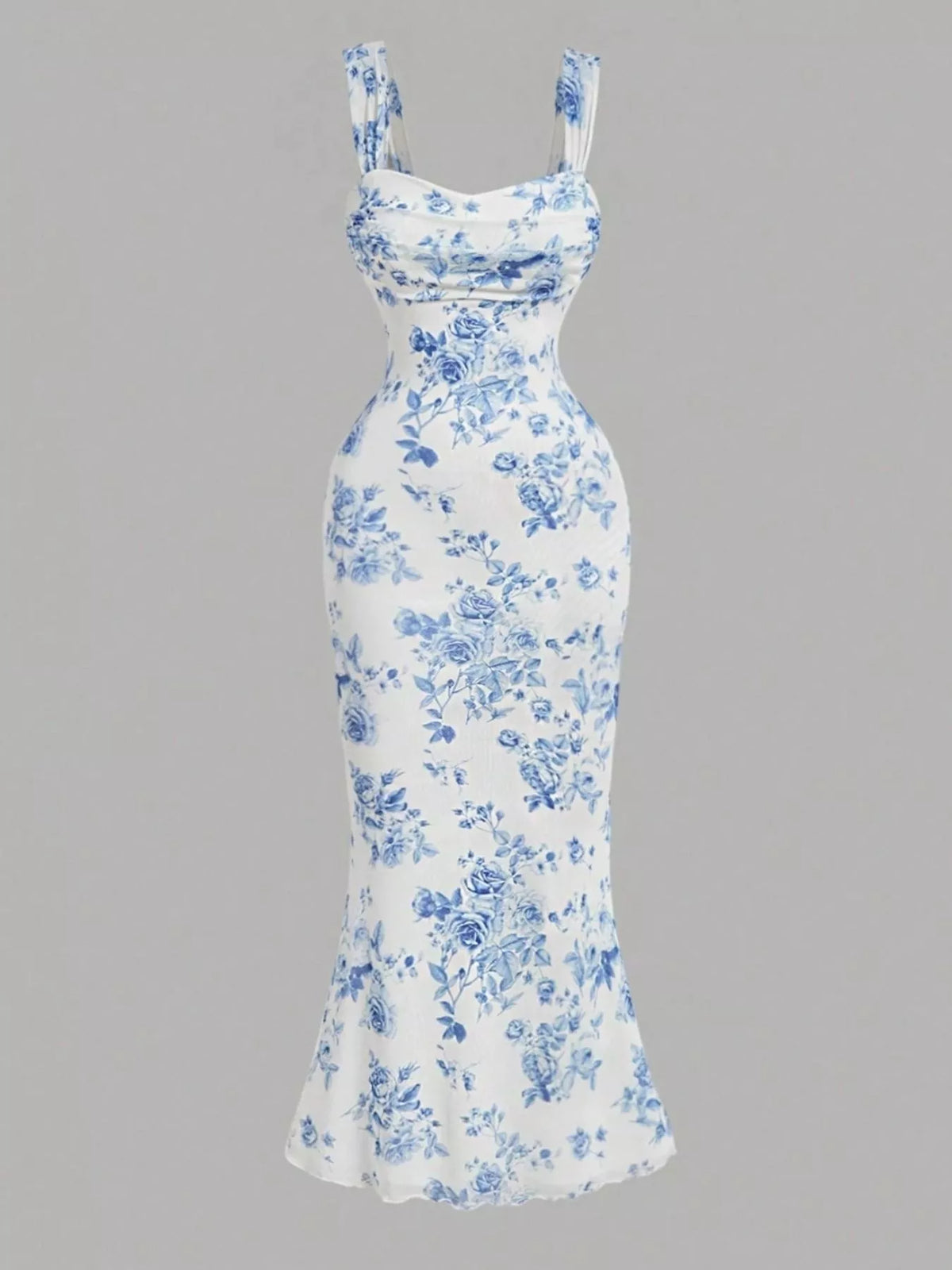 Blue and white floral bodycon midi dress, front view.