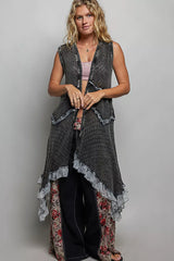 Trendsi POL Vintage Wash Ruffled Crochet Vest Cardigan -