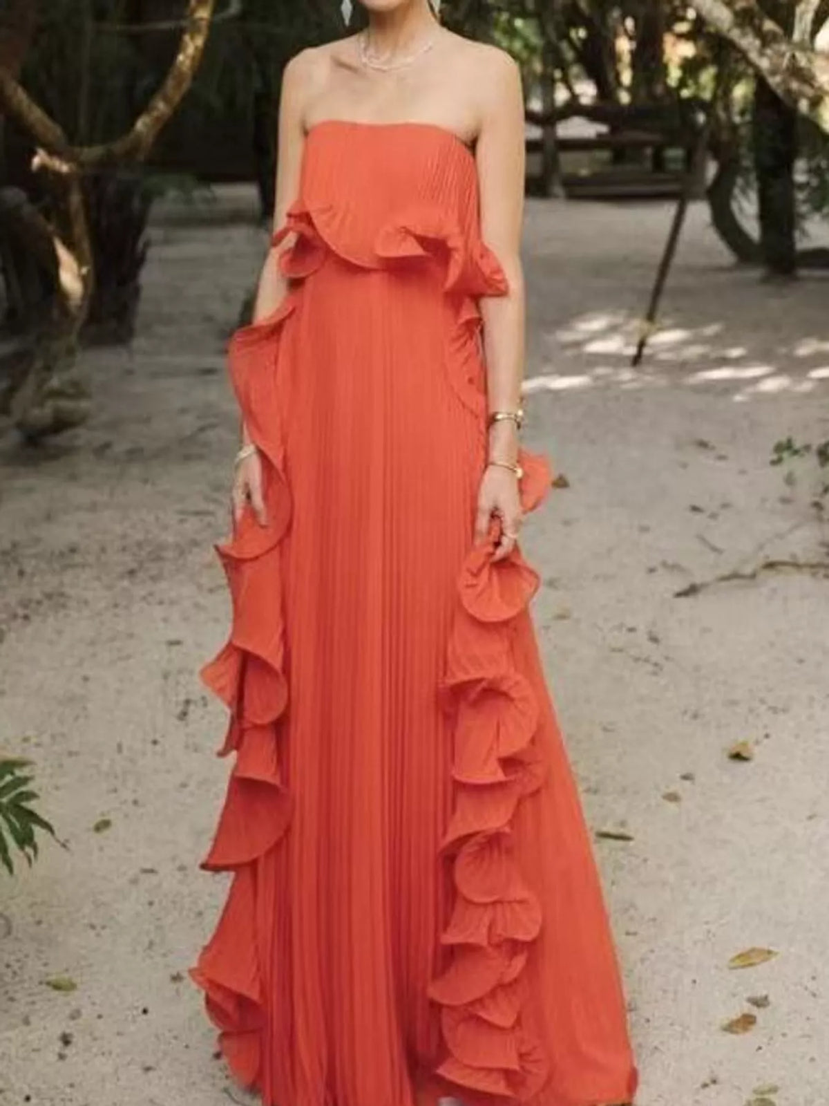 Ruffled Strapless Pleated Maxi Dress — front view