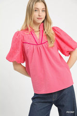 Trendsi Umgee Puff Sleeve Eyelet Mix Top with Contrast Piping -