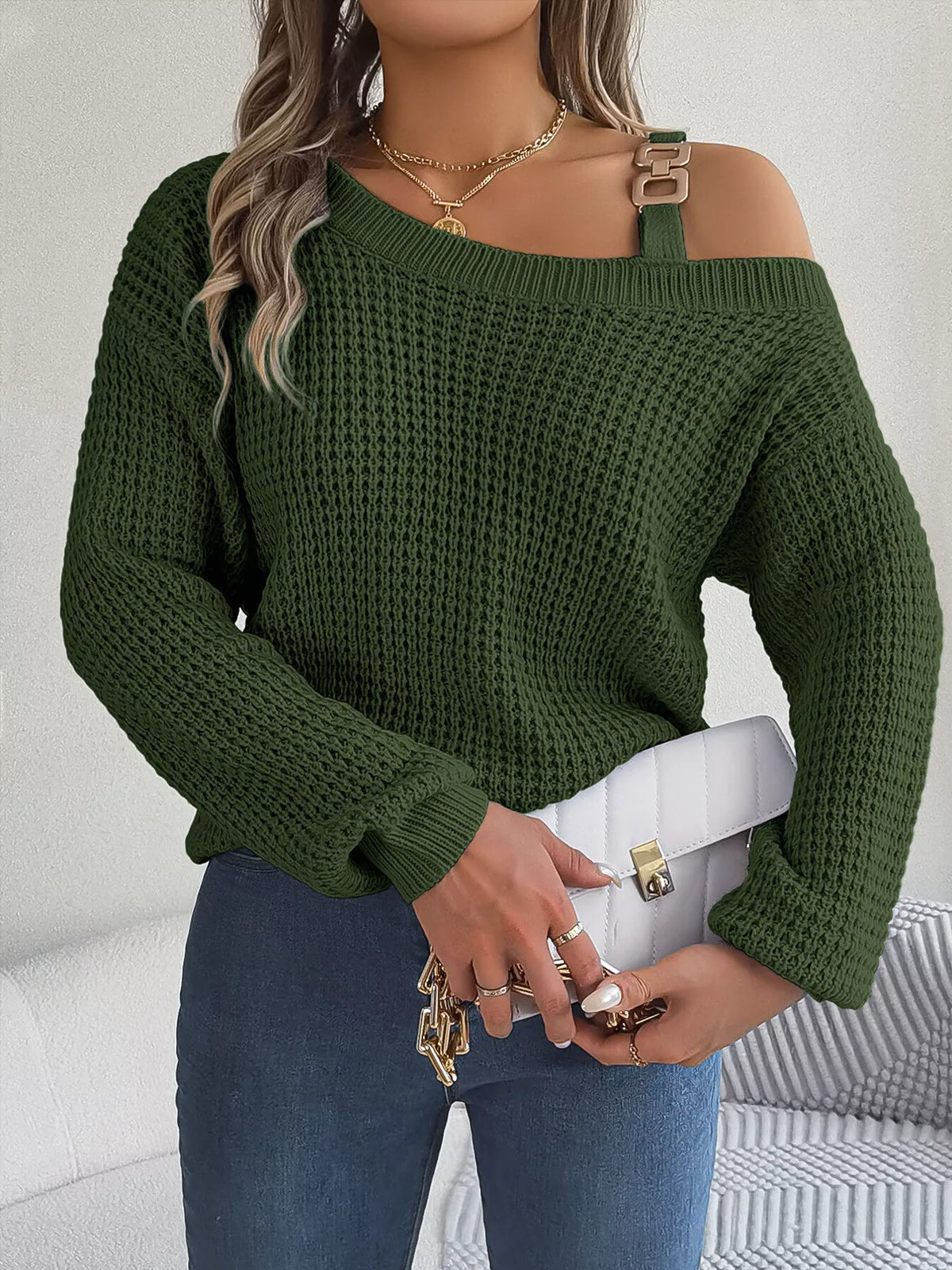 Asymmetrical Neck Long Sleeve Sweater in green, front view