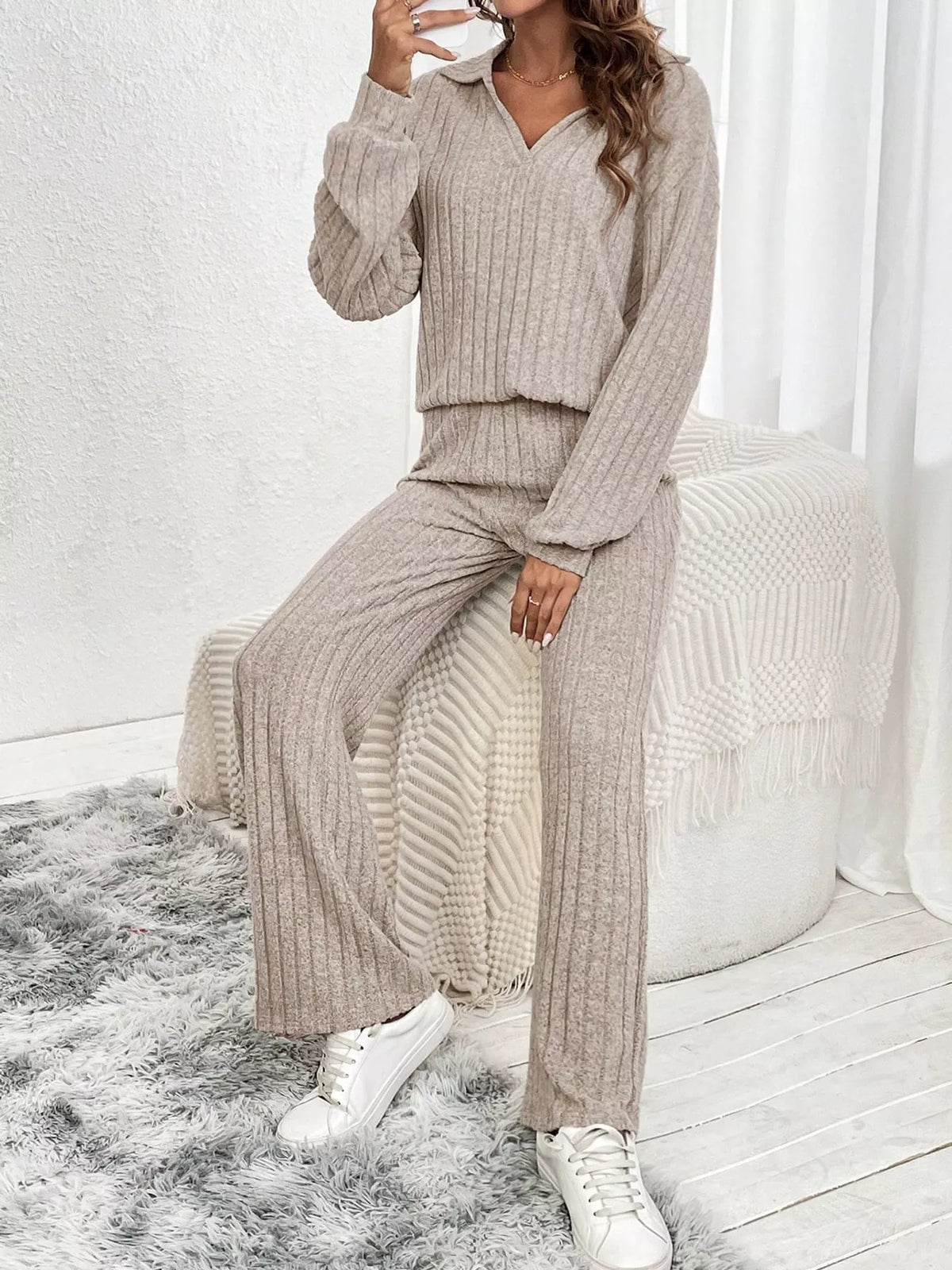 Ribbed Knit Collared Top and Wide Leg Pants Set in taupe