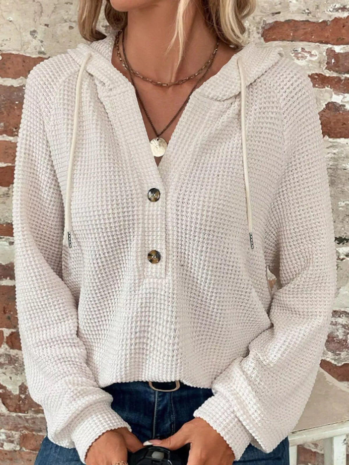 White waffle knit button-detail hoodie