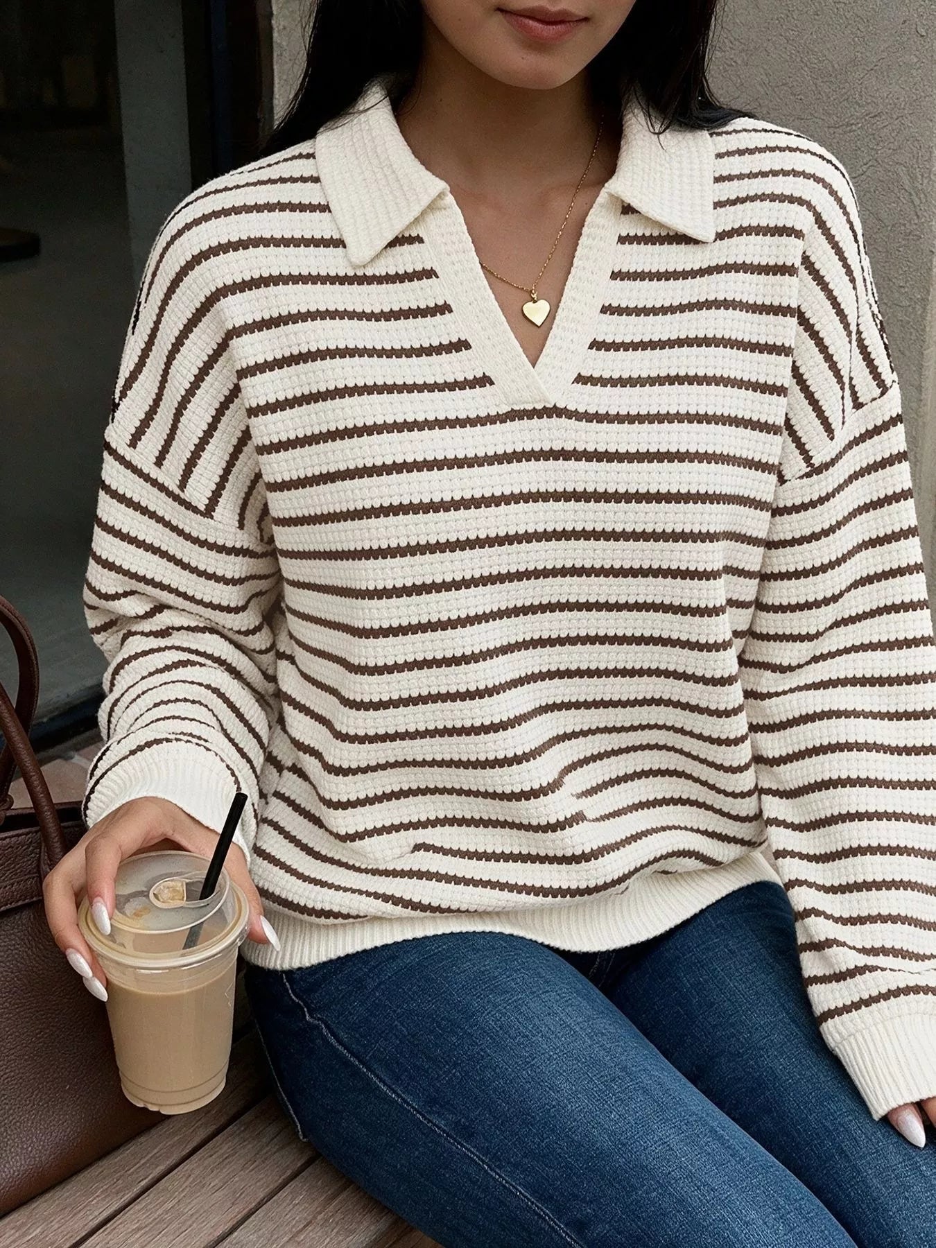 Trendsi Striped Polo Collar Knit Sweatshirt -
