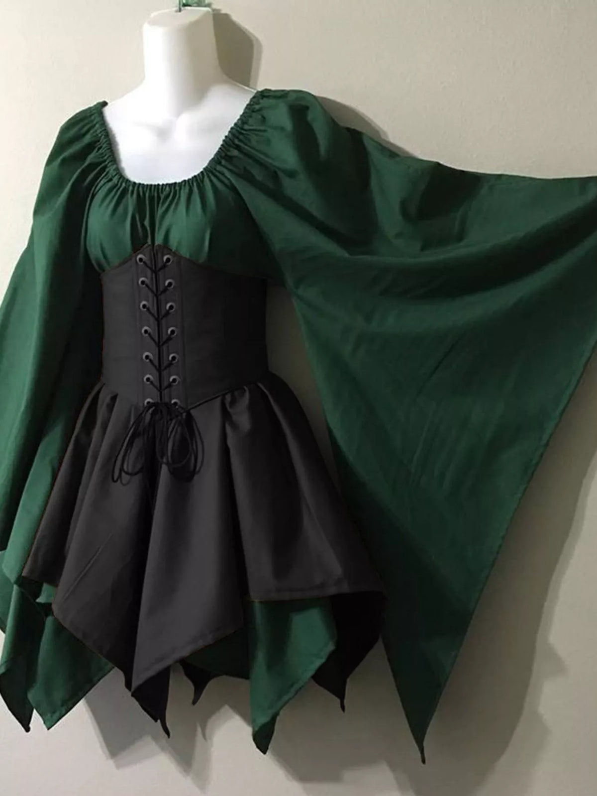 Lace-up asymmetric dress, green black front