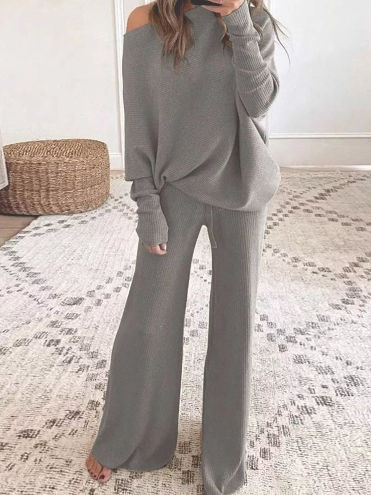 Asymmetric neck long sleeve outfit set, front view on model