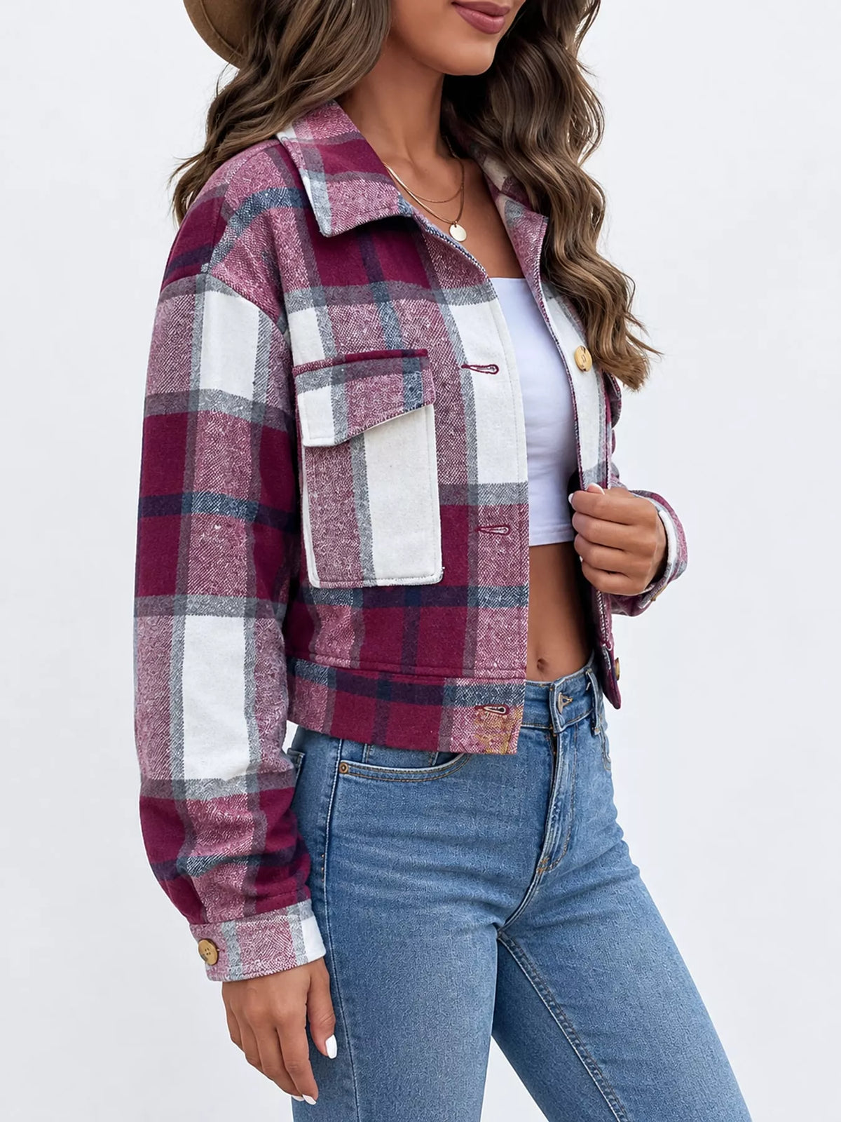 Plaid cropped jacket, burgundy plaid side