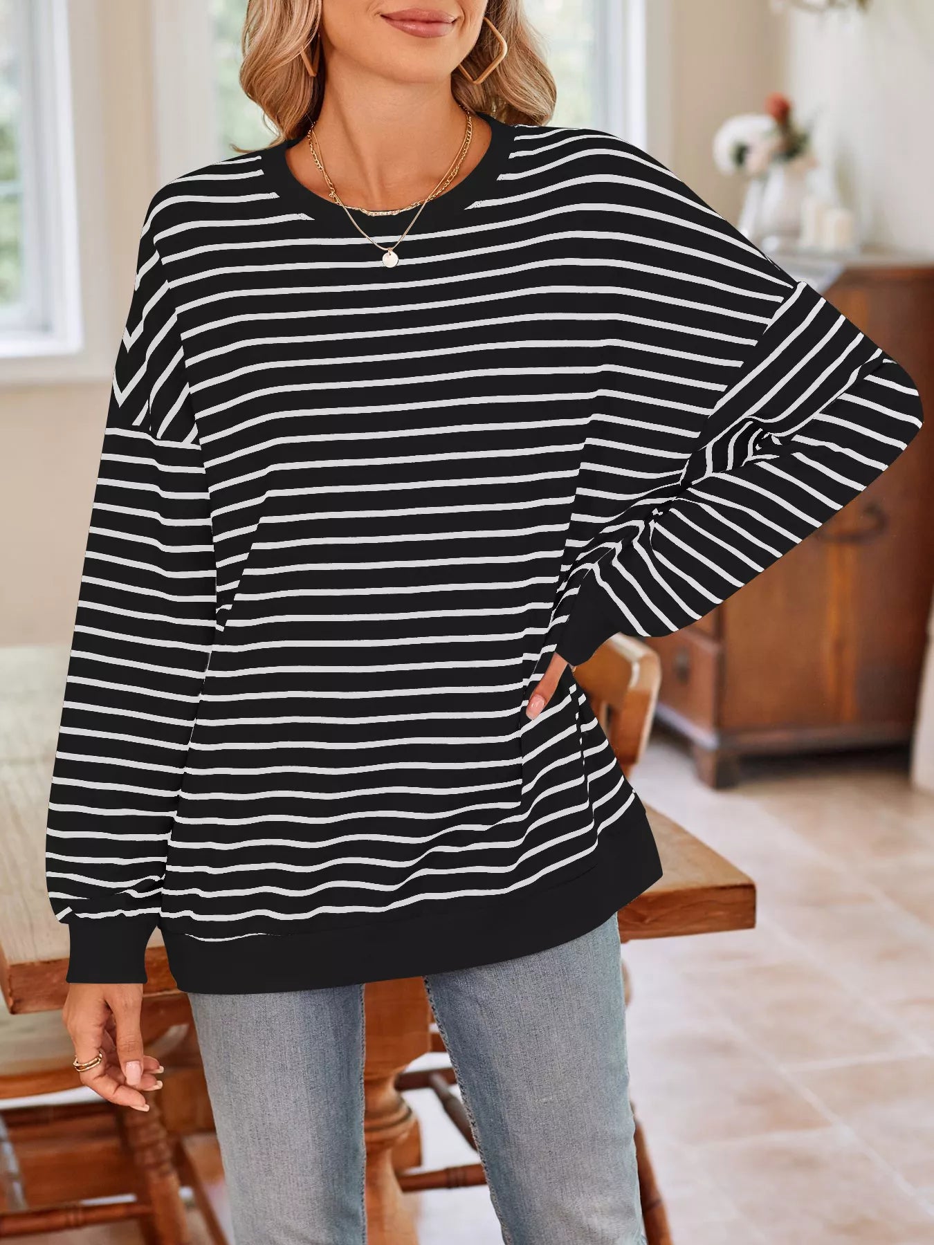 Trendsi Oversized Striped Crewneck Sweatshirt -