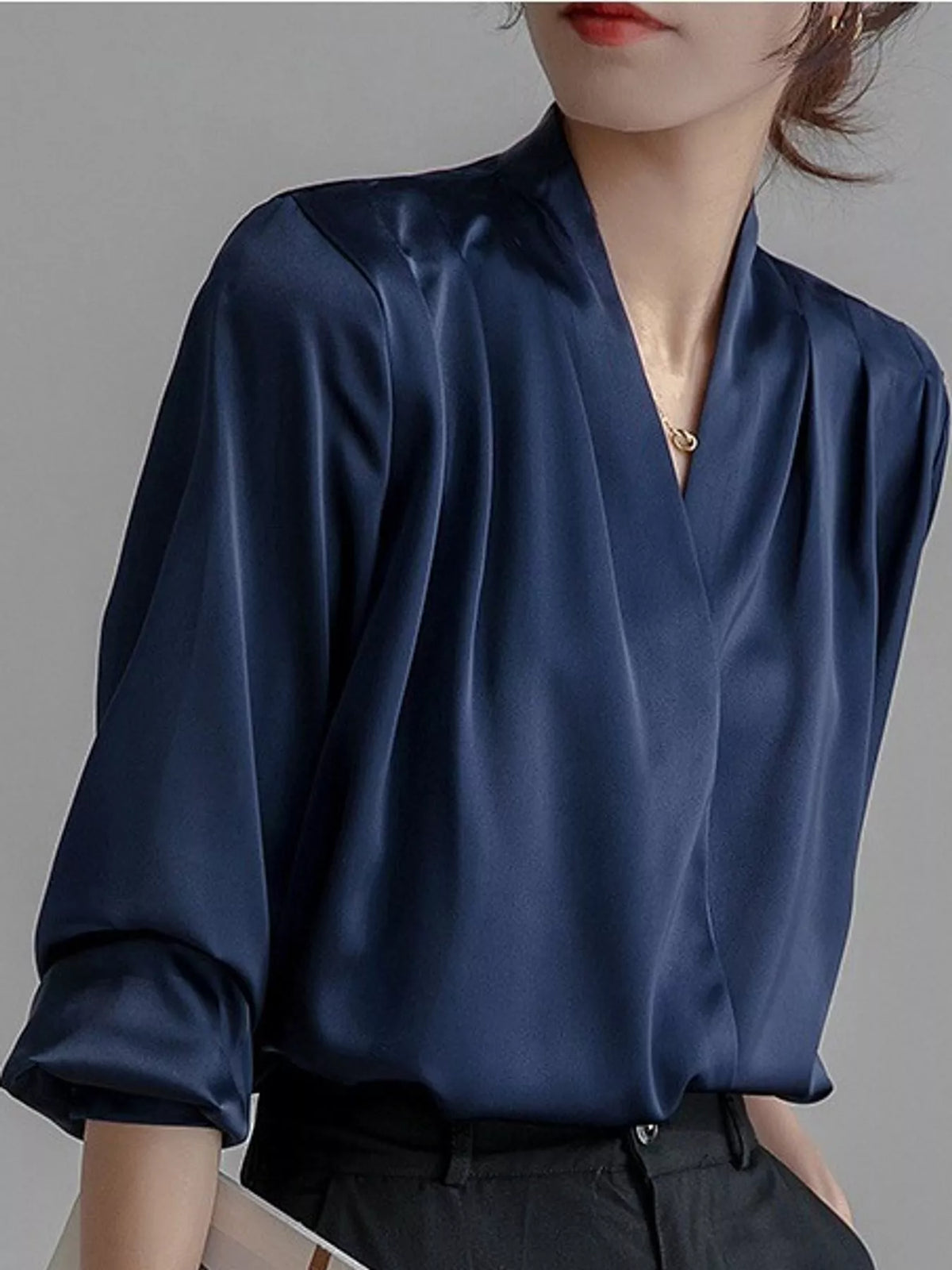 Women's V-Neck Pleated Shoulder Satin Blouse in navy — front view