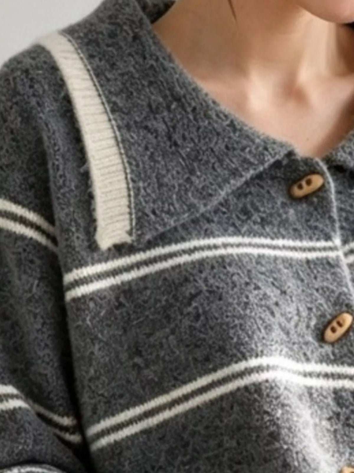 Dark Gray Striped Button-Down Knit Cardigan alternate view