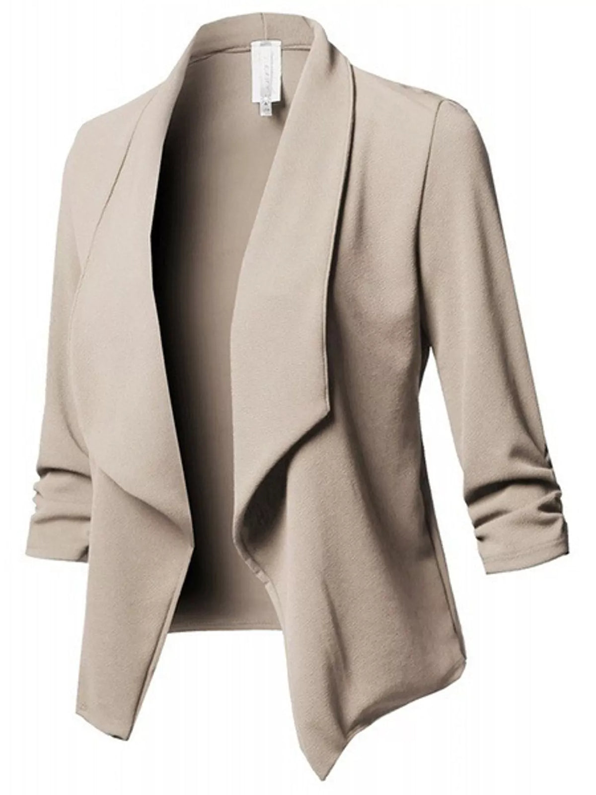 Beige open-front blazer with ruched 3/4 sleeves