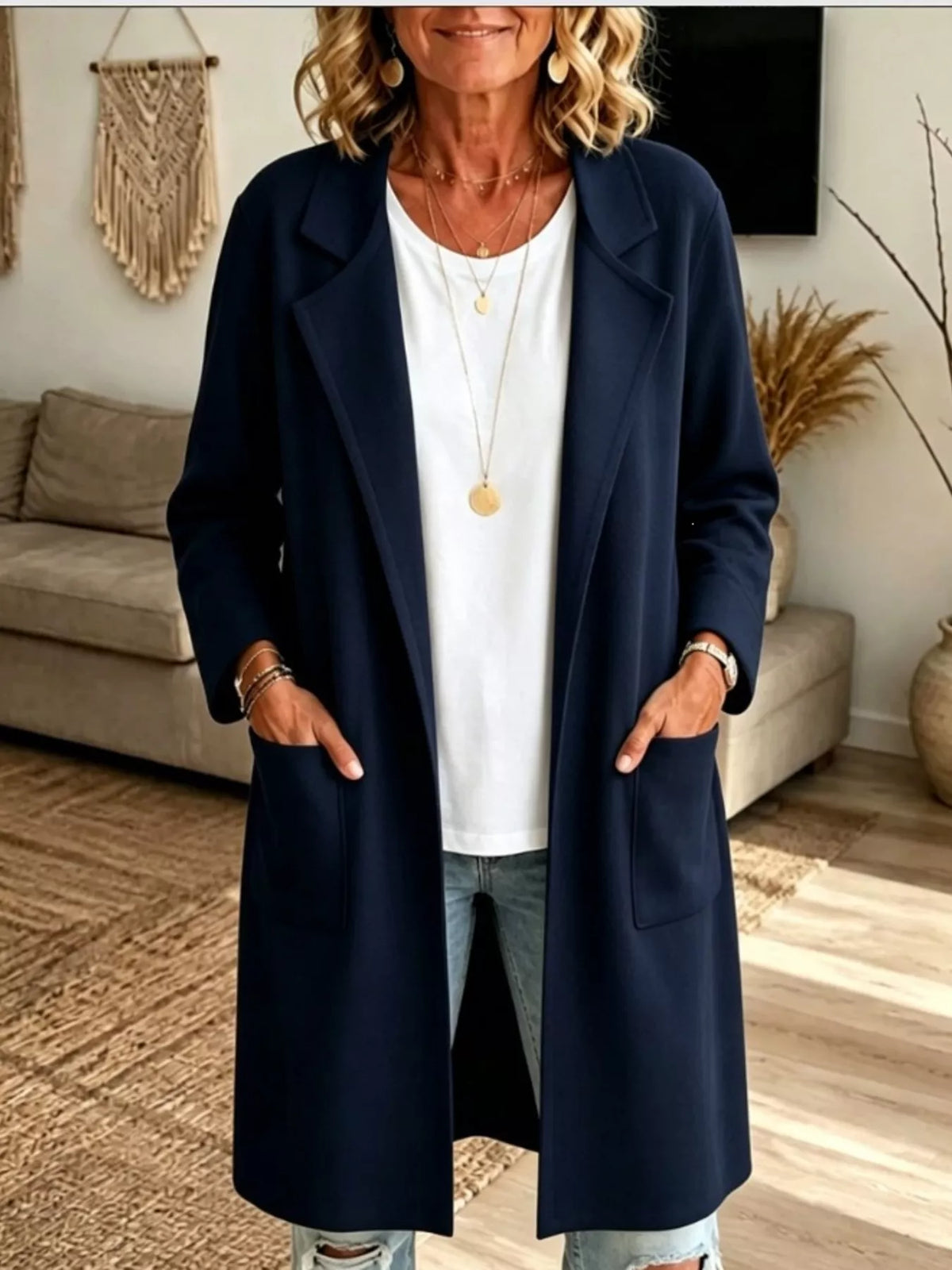 Navy open-front longline knit cardigan
