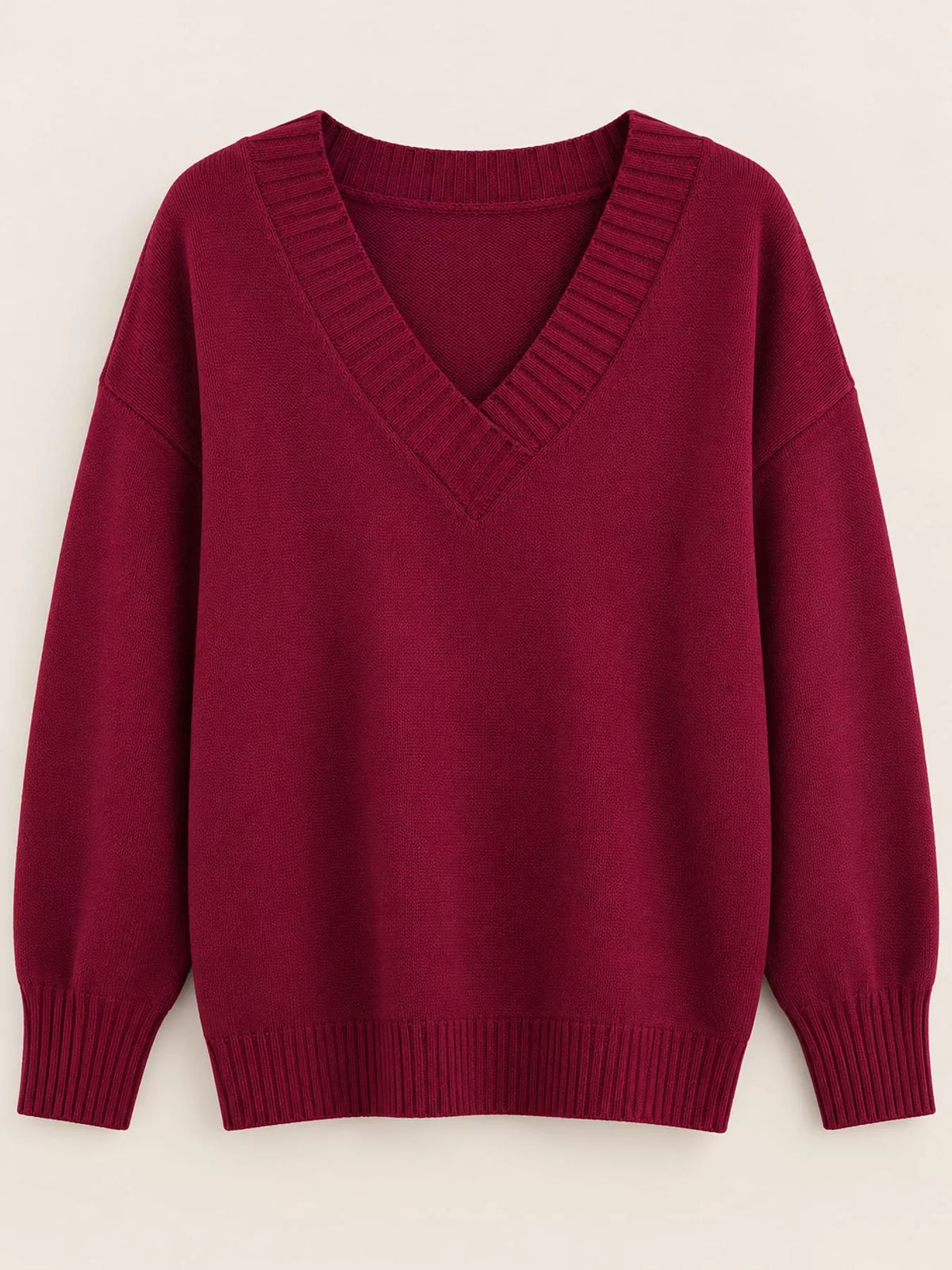 V-neck sweater, burgundy flat lay