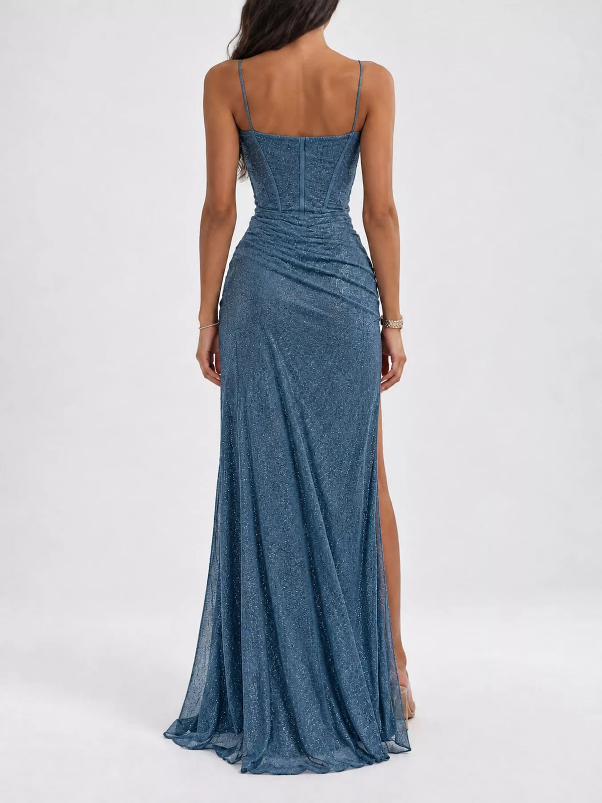 Blue high-slit glitter maxi evening dress — back view