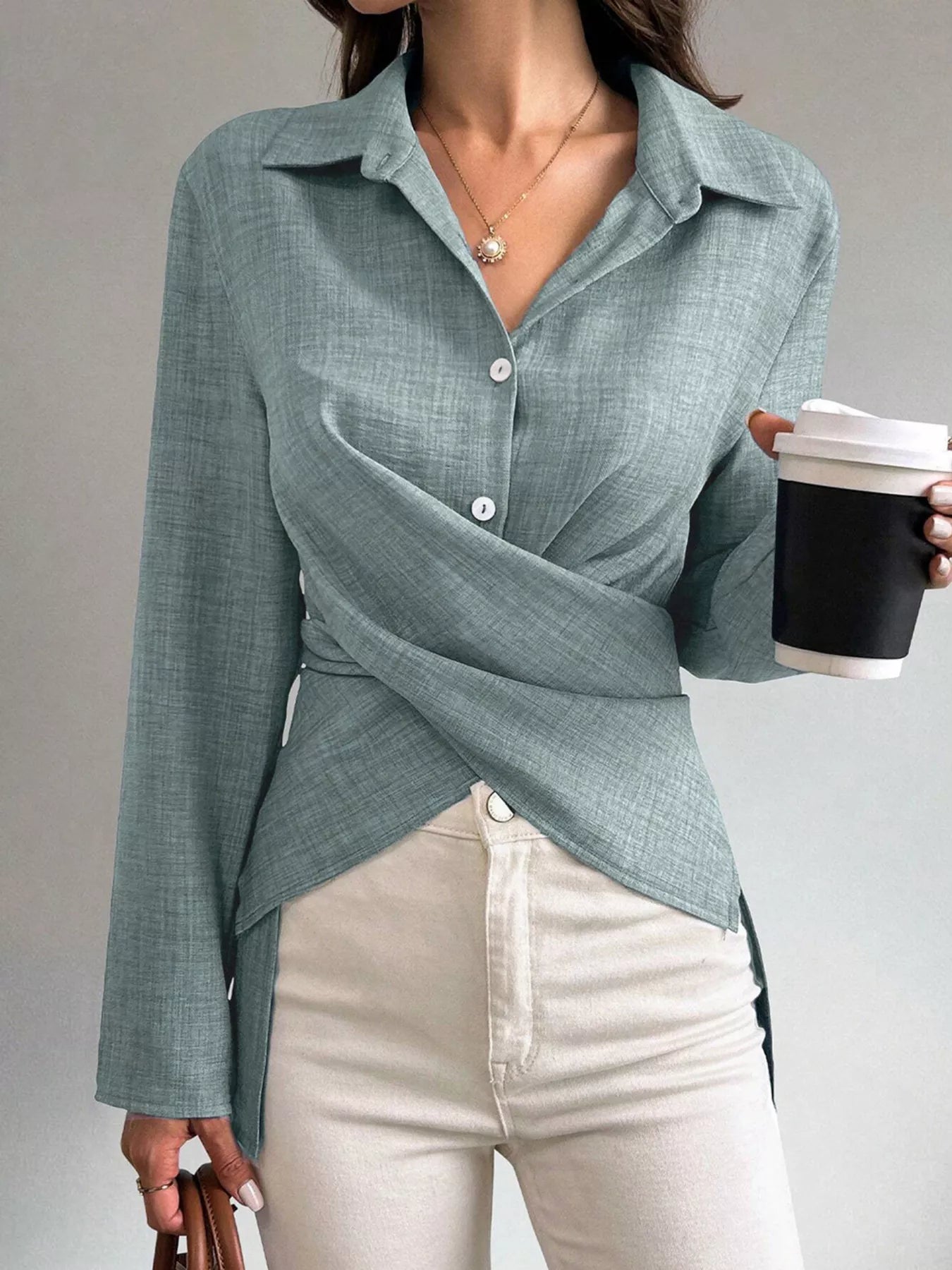 Trendsi Criss-Cross Wrap Front Long Sleeve Shirt -
