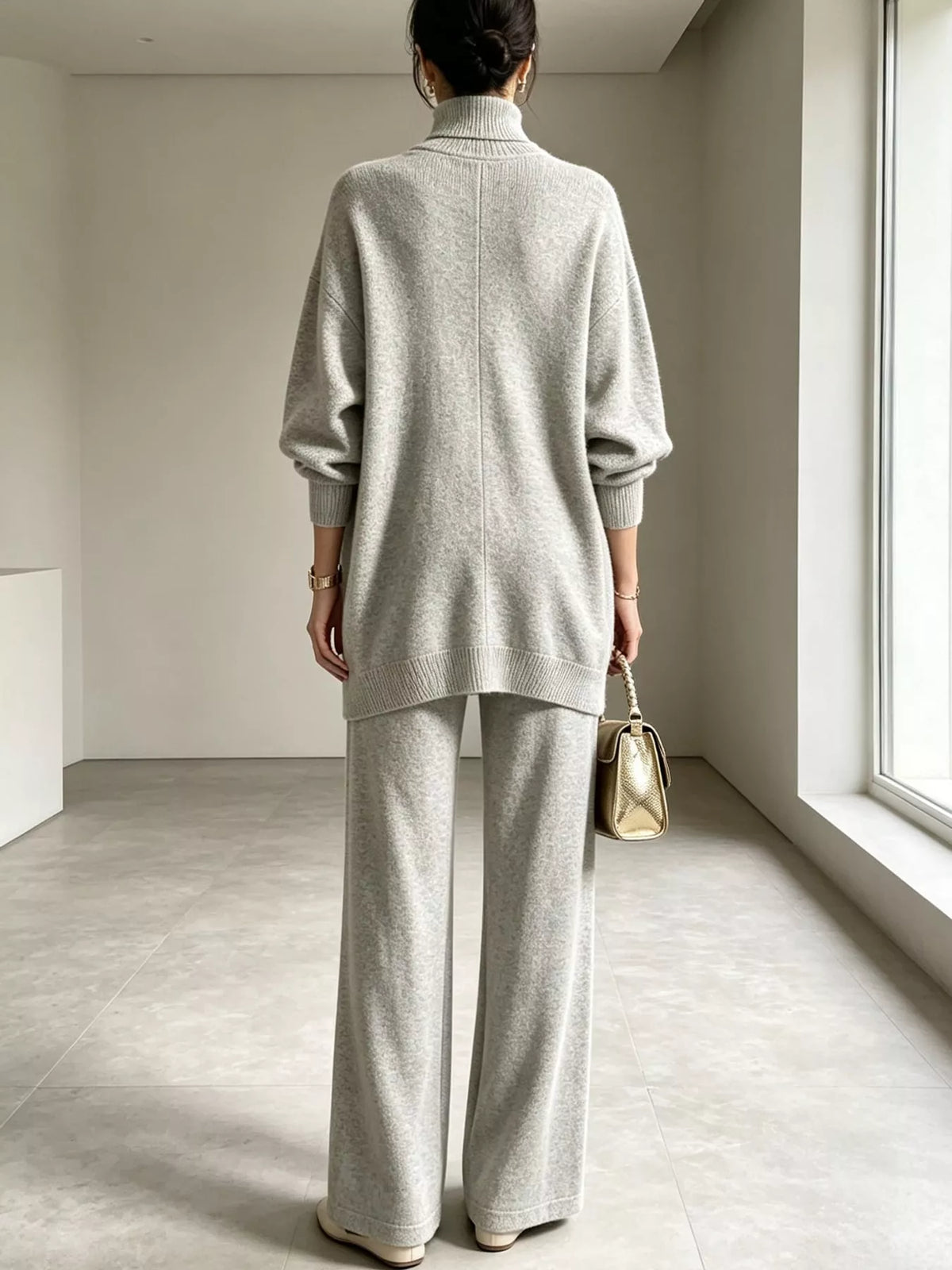Light Gray turtleneck long sleeve top and pants sweater set, back view