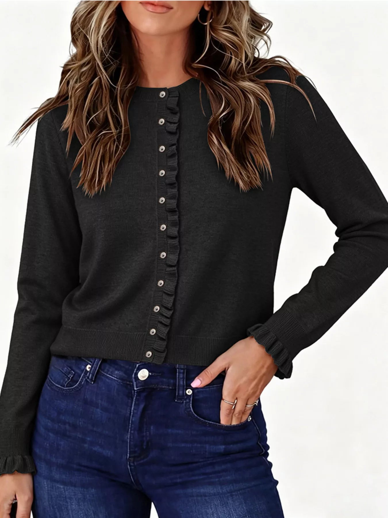 Trendsi Ruffle-Trimmed Button-Down Knit Cardigan -
