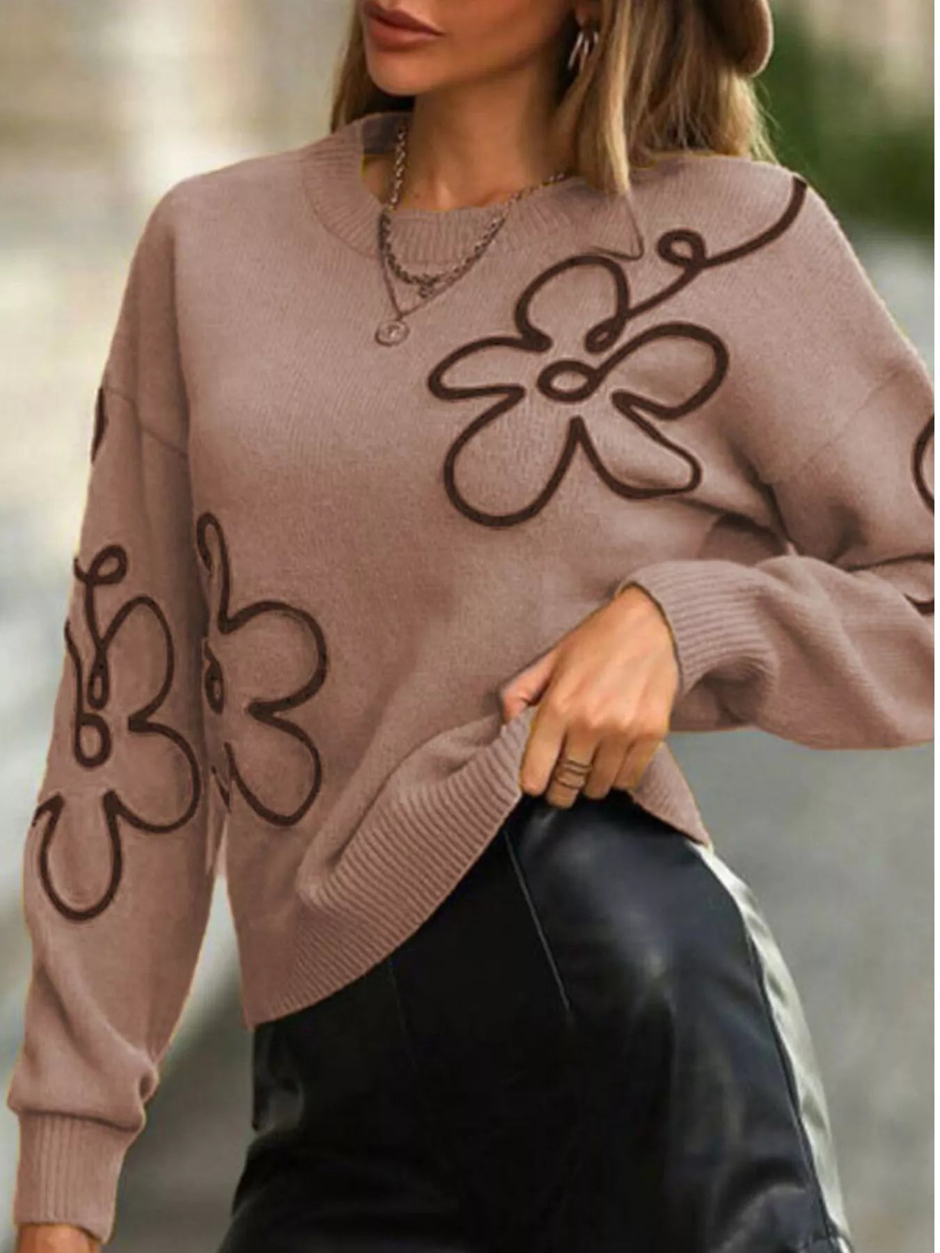 Trendsi Flower Dropped Shoulder Sweater -