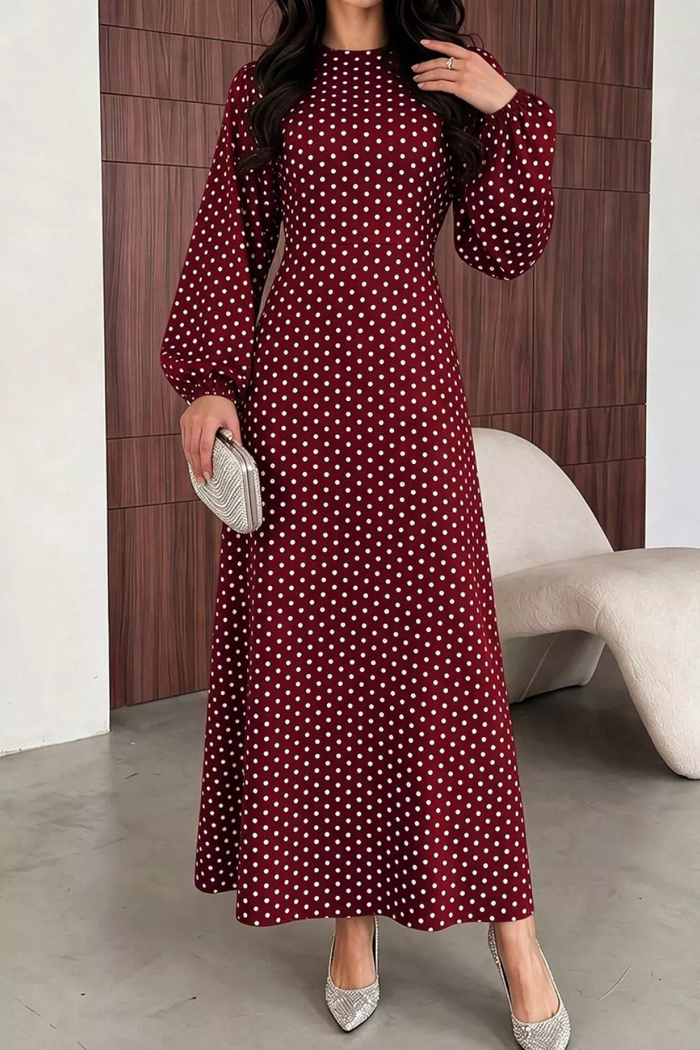 Burgundy polka dot long sleeve maxi dress