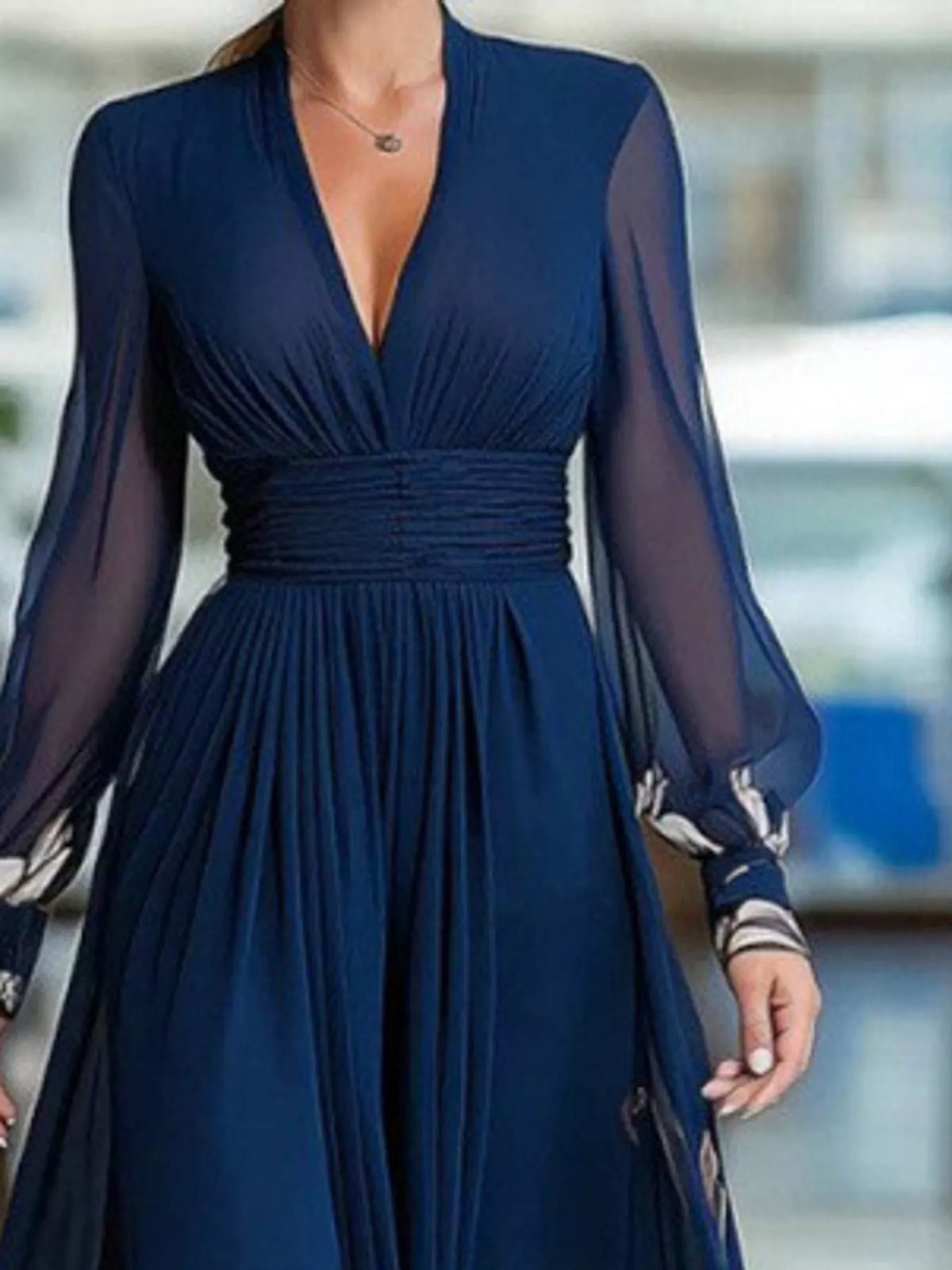 Navy floral v neck maxi dress, detail view