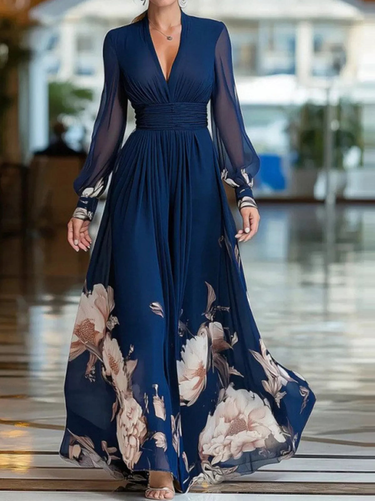 Navy floral v neck maxi dress, front view